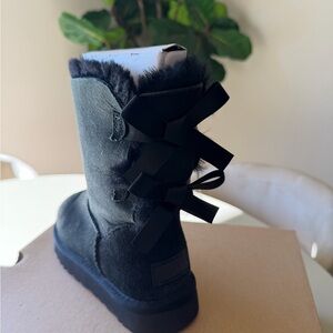 UGG Black Suede Fur-Lined Short Boot with Back Bows